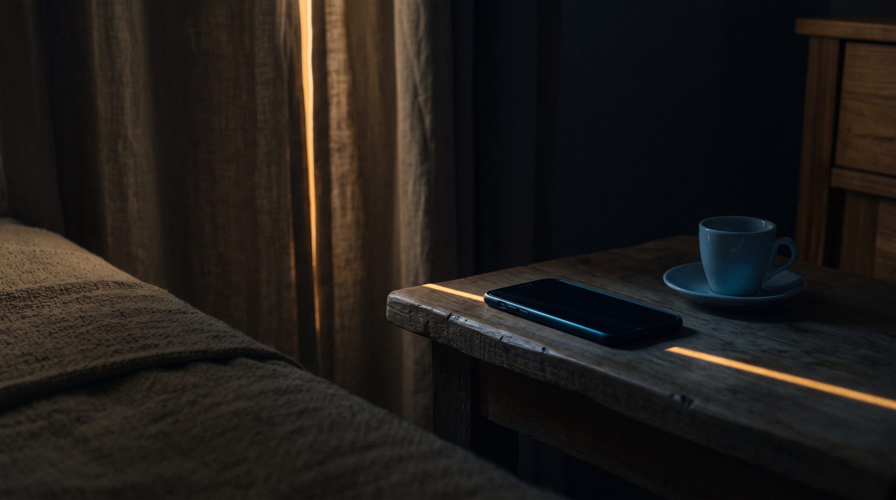 A bedside table in the dark: a phone face down, next to it an empty espresso cup
