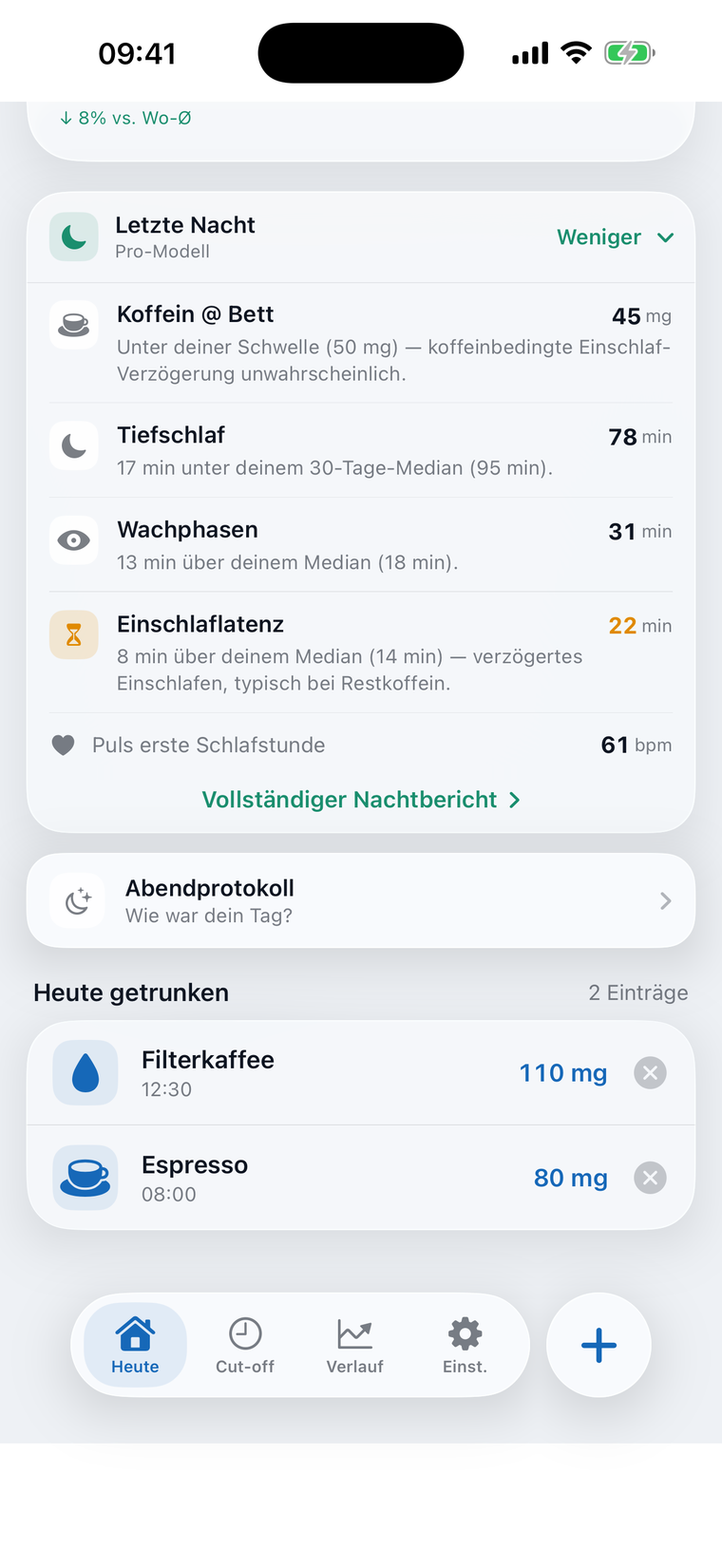 Die Schlafanalyse vergleicht Einschlafzeit, Tiefschlaf und Wachphasen dieser Nacht mit dem, was für dich normal ist