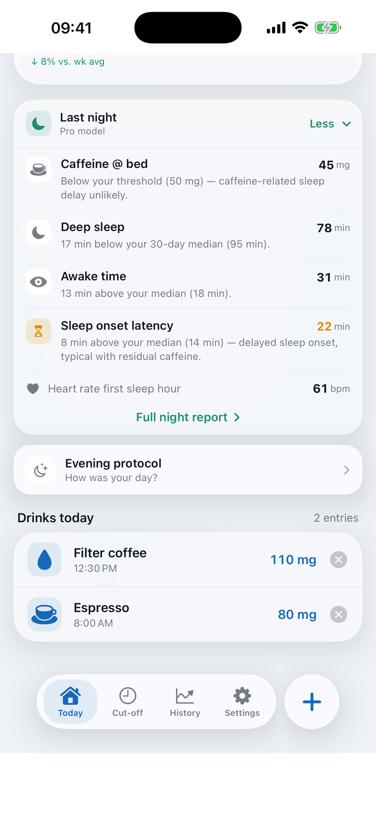 The sleep analysis compares this night's time to fall asleep, deep sleep and waking periods with what is normal for you